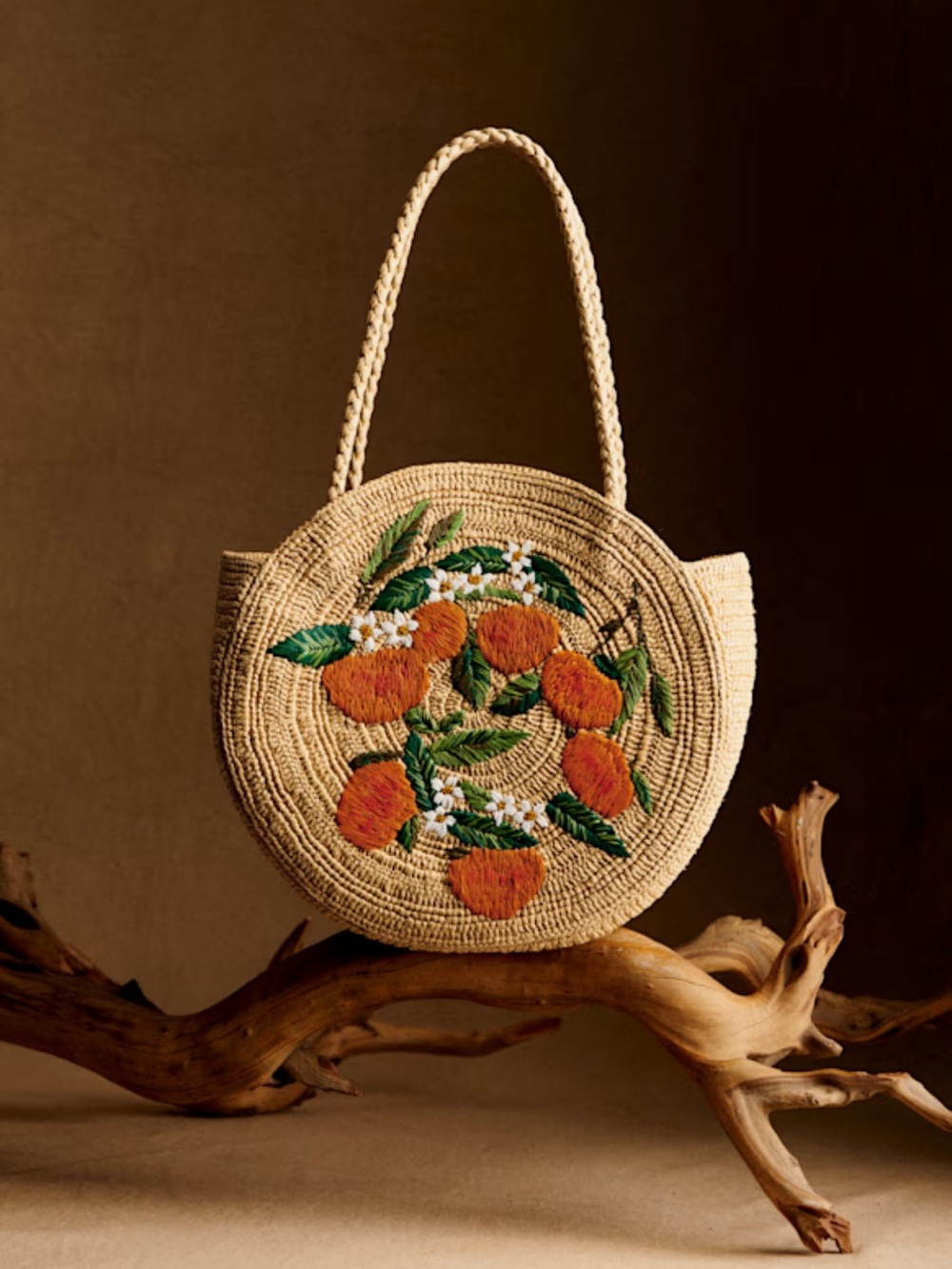 ISO Sezane June Straw Basket with Orange Floral Embroidery